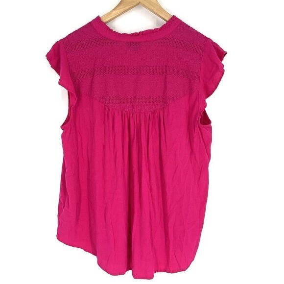 Torrid Top Size 1 Pink Rayon Slub Crochet Boho Tassel Tie Front Button Flutter - Picture 4 of 5